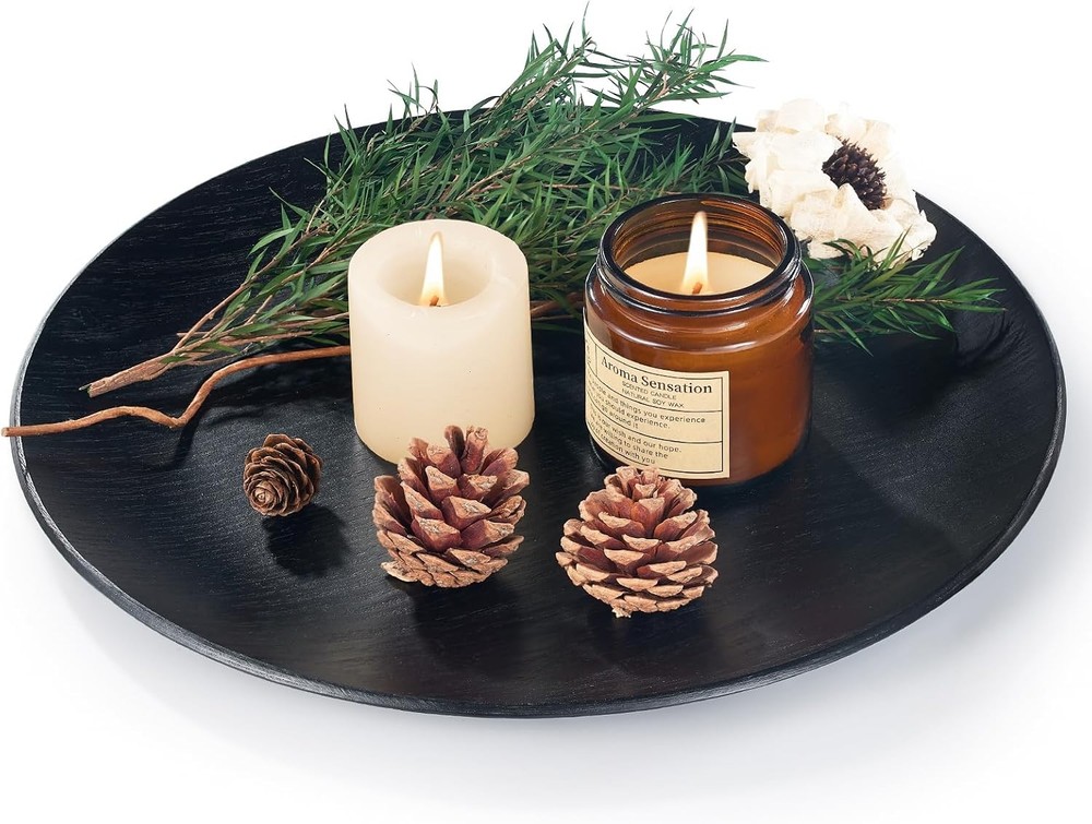 Black Wood Serving Tray Round Decorative Tray for Living Room Modern Coffee