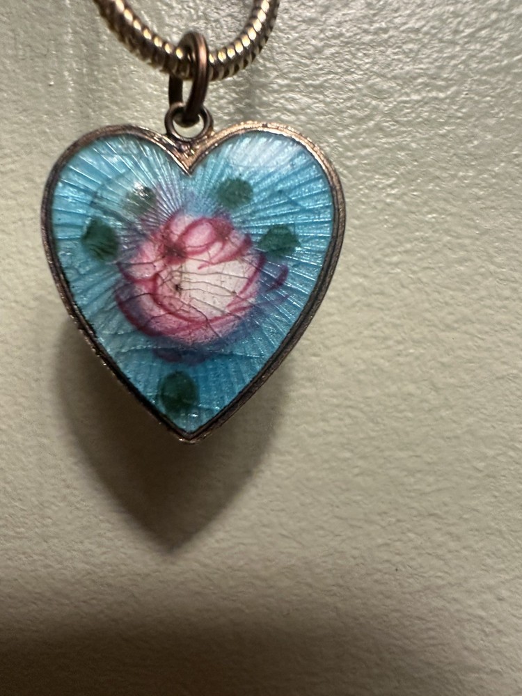 Vintage Guilloche Heart Pendant Charm Sarah Coventry Turquoise With Rose