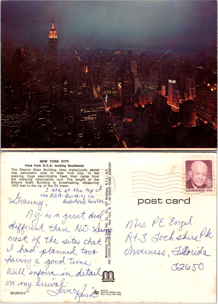 New York City Skyline Empire State Building Night View RCA Vintage Postcard