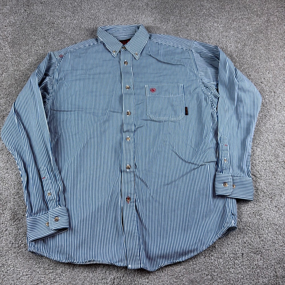 Airat Shirt Mens Large Blue Striped FR Flame Resistant Button Up Durable Work