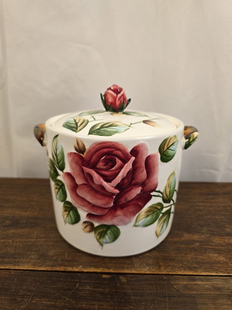 VTG Lefton Americana Rose Floral Lidded Ceramic Canister/Cookie Jar Hand Painted