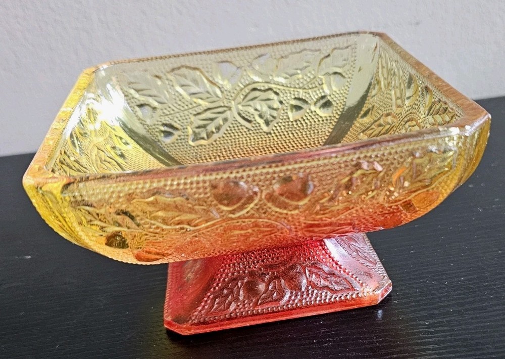 Amberina Glass Pedestal Candy Dish Bowl Footed Acorn Leaf Vintage