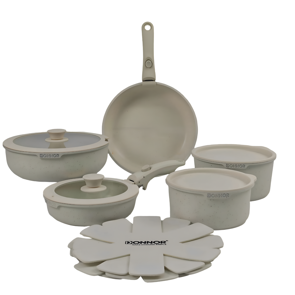 17-Piece White Nonstick Cookware Set with Detachable Handles