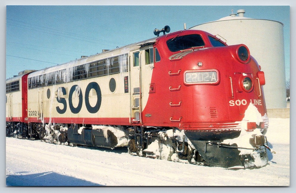 Postcard Railroad Train Engine Winter Snow Soo Line EMD F7 Unit 2202-A