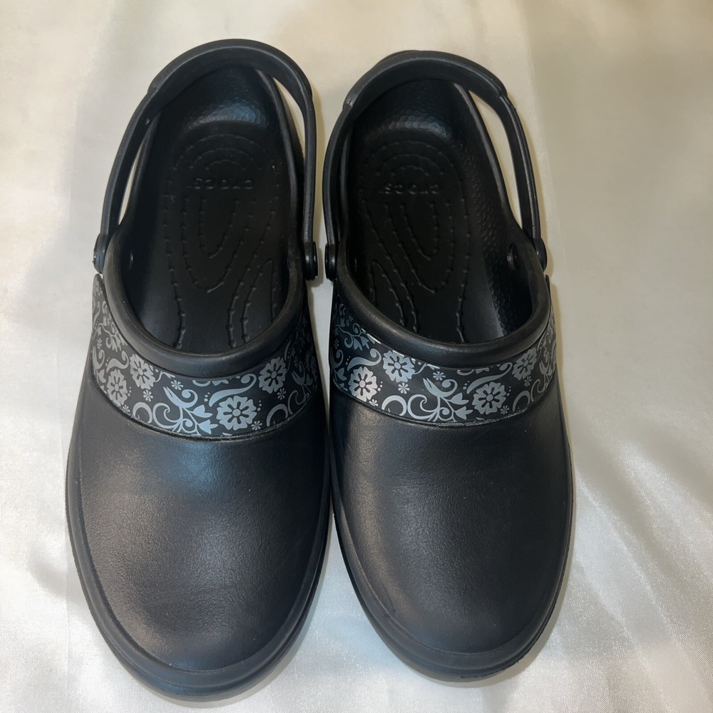 Crocs Women's Size 8 Mercy Work Clog Black Silver Floral Trim Slip Resistant