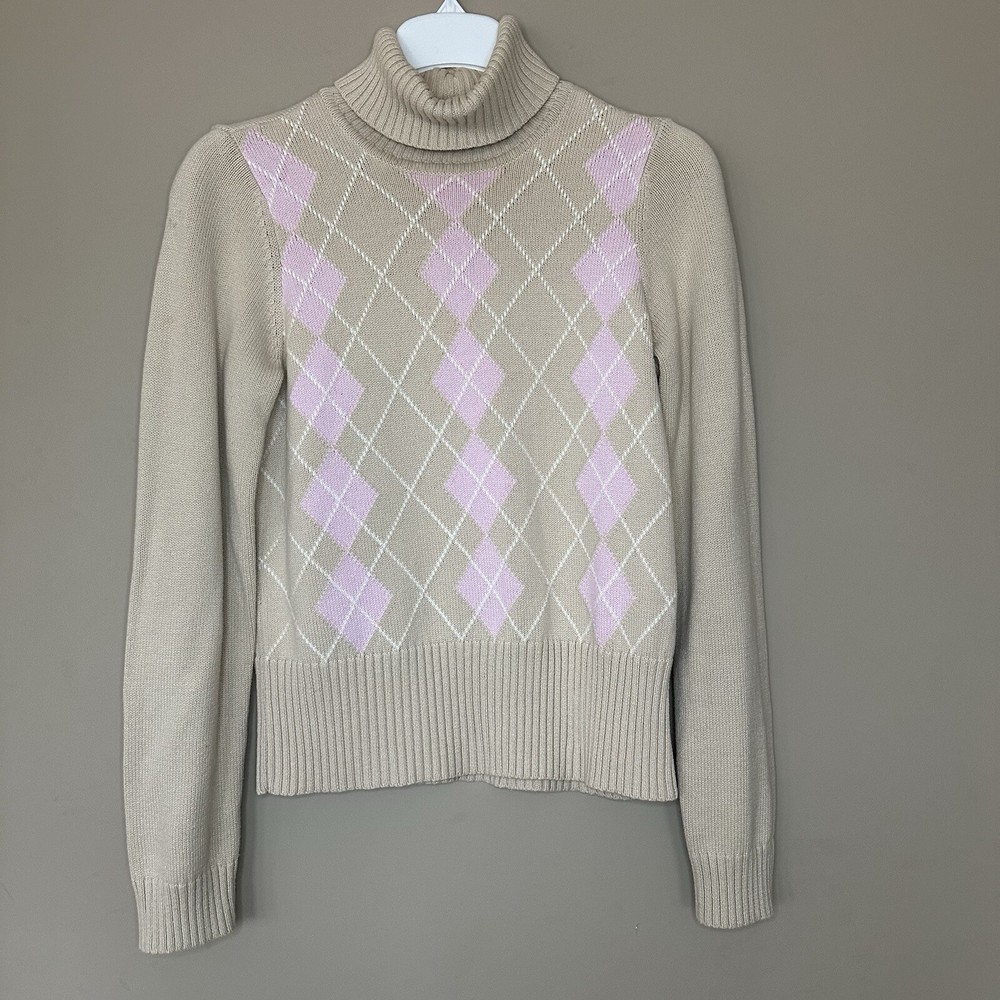 Villager Liz Claiborne Women S Y2K Argyle Turtleneck Sweater Pink Tan Preppy