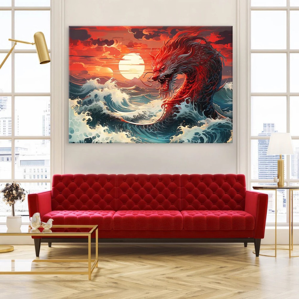 Red Dragon Modern Chinese Sunset Ocean Unframed Canvas Print Australian Wall Art