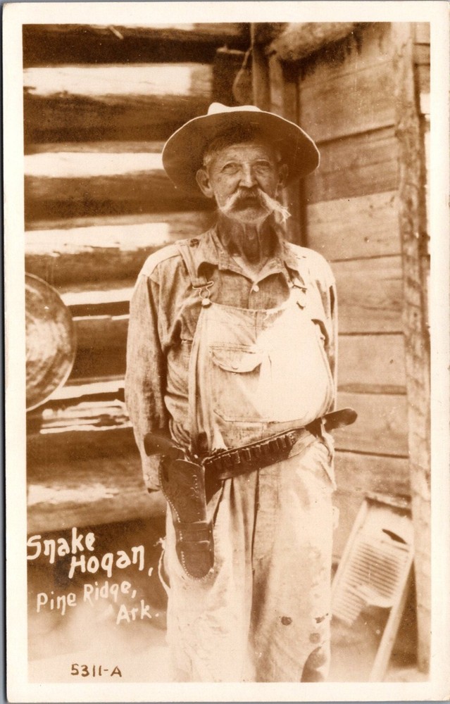 Snake Hogan Pine Ridge Ark RPPC Old West Cowboy Pistol Log Cabin Postcard