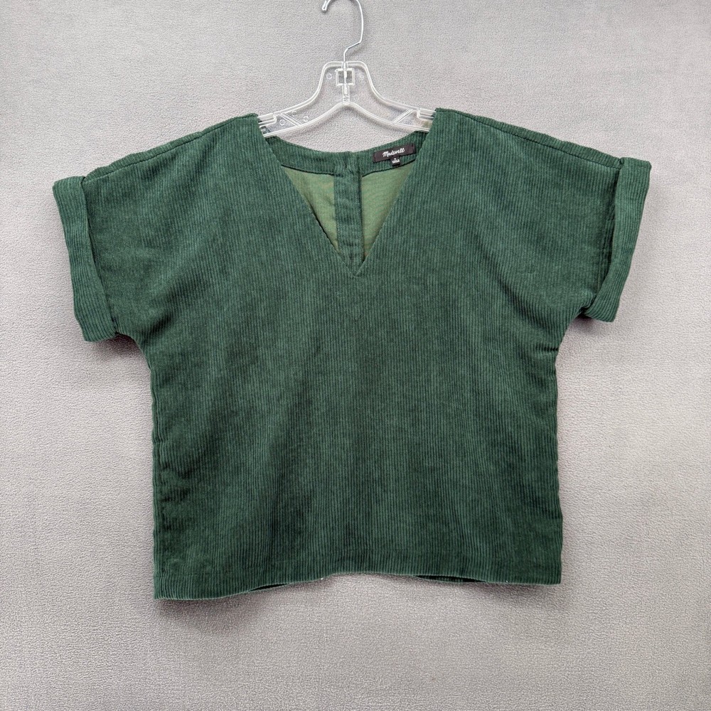 Madewell Womens Small Forest Green Corduroy V-Neck Back Button Top NI323
