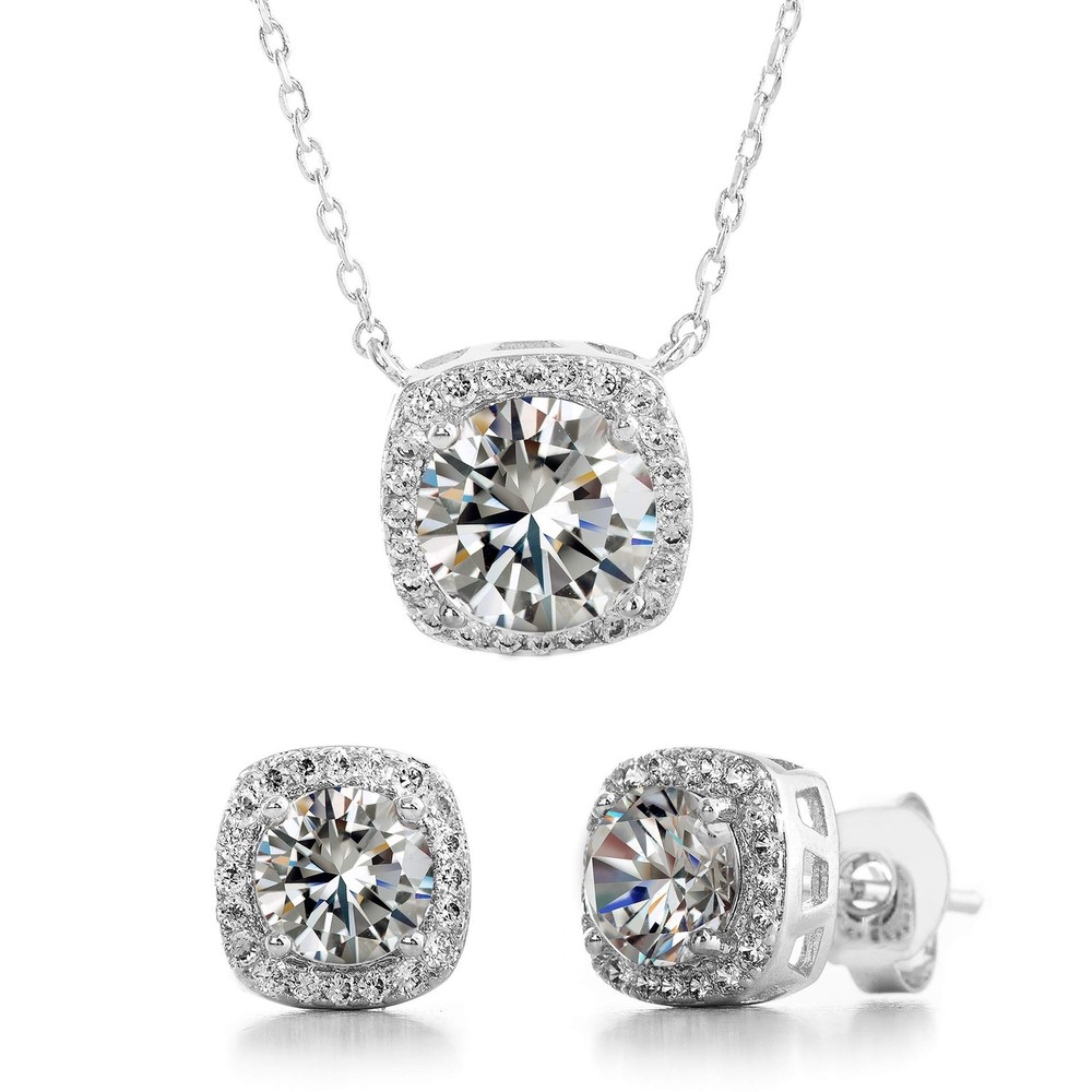 Stud Halo Cushion Earrings with 18-Inch Necklace Set for Women in Elegant Gold Finish