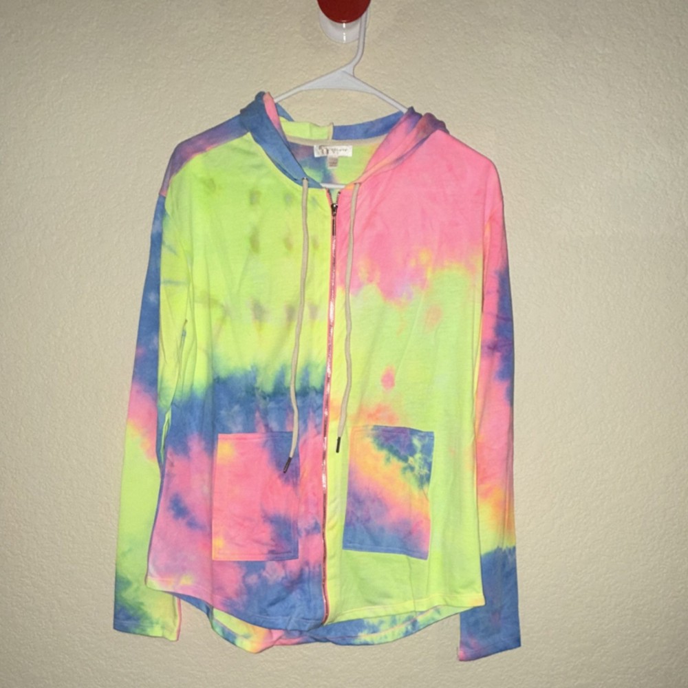 Rose Velvet Tie-Dye Full Zip Hoodie Multicolor Women's L Long Sleeve Short Set