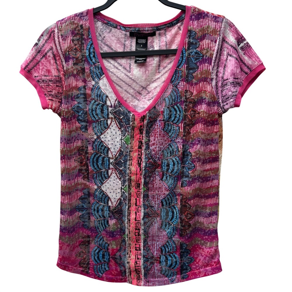 Custo Barcelona V Neck Short Sleeve Embellished Bling Graphic T Shirt Top Size 2