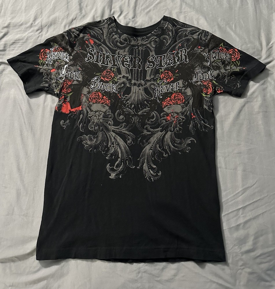 Silver Star Men's L Black Graphic Skull Roses T-Shirt Short Sleeve Crew Neck