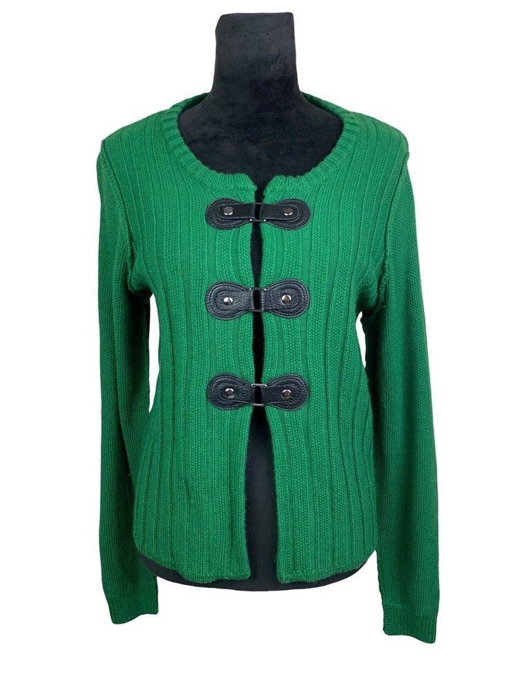 Tahari Merino Wool Blend Size L Green Knit Buckle Cardigan
