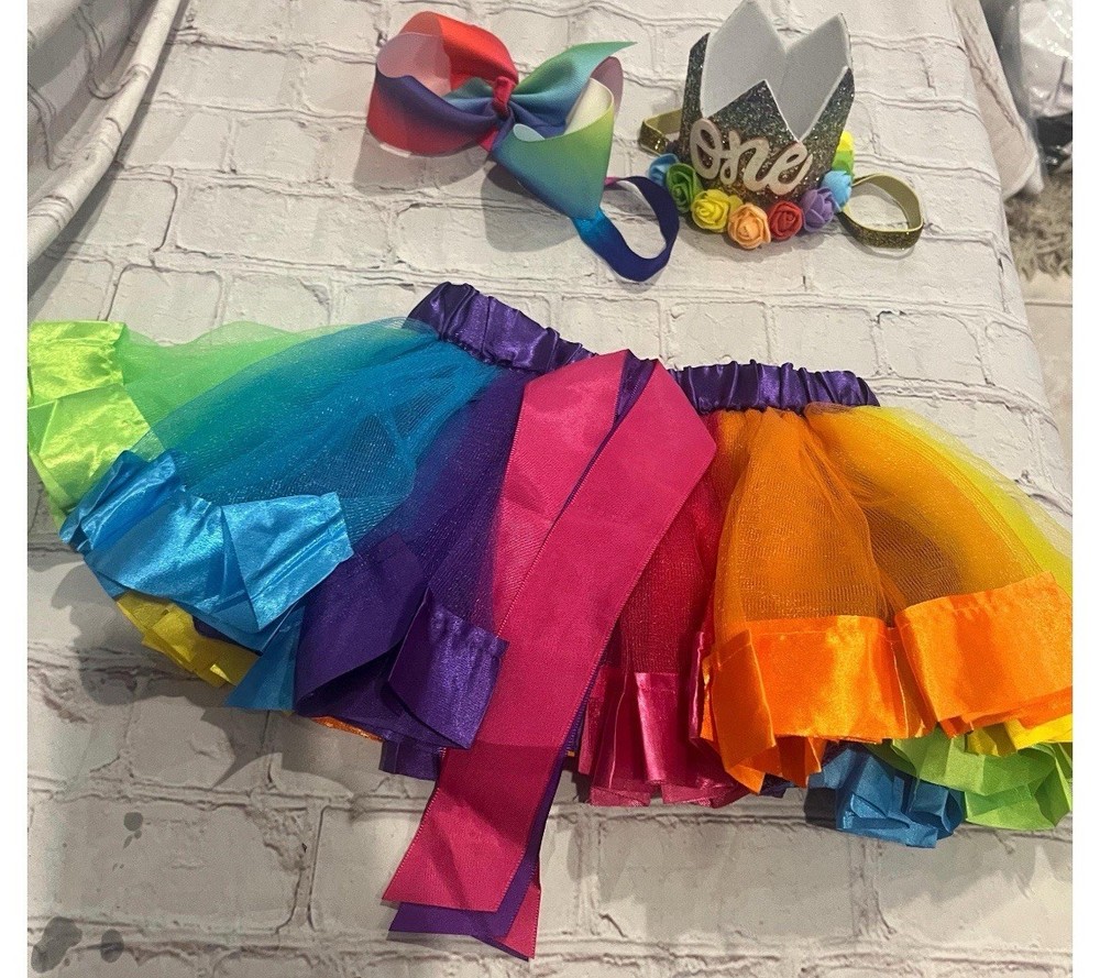 Baby Girls 1st Birthday Tutu Bow Crown Princess Rainbow Outfit Set