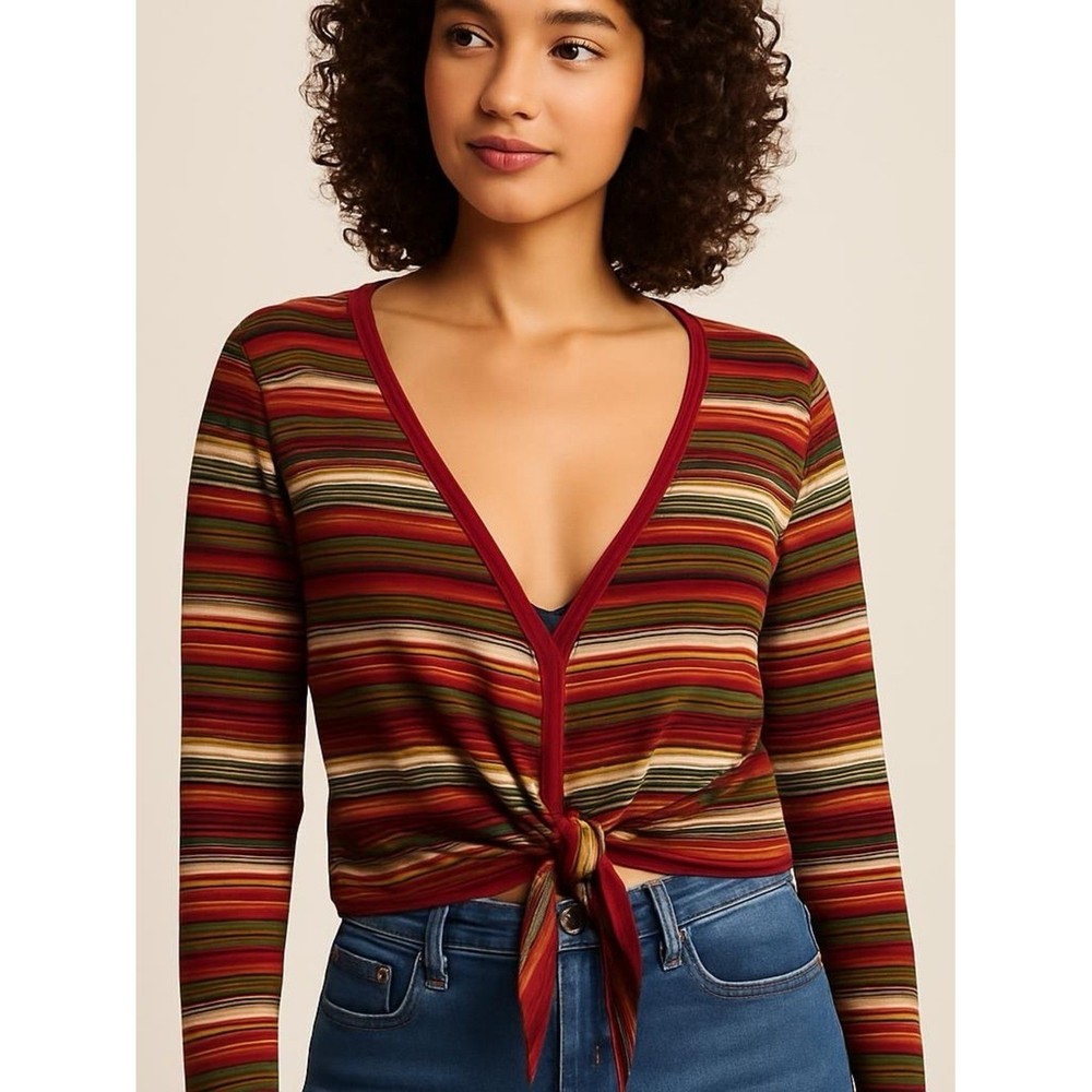 Talbots Striped Tie-Front Cardigan in Red, Olive & Cream Vintage Size L