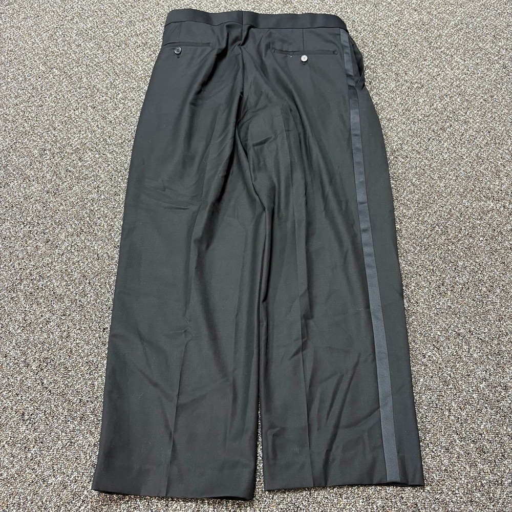 1990s Dress Pants Wool Designer Black Striped Relaxed Fit 36x30 Wide Leg