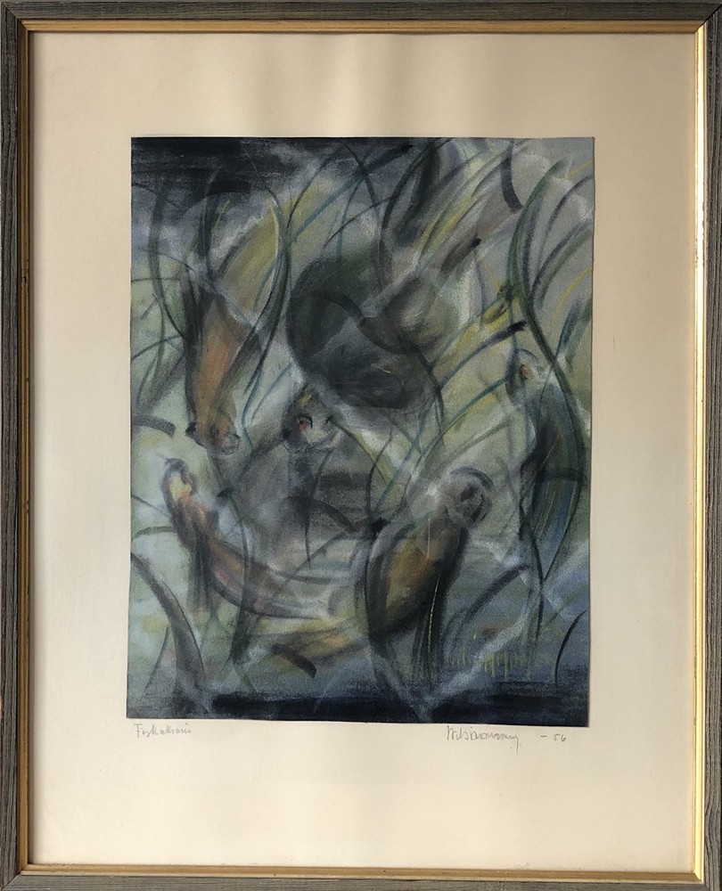 Unknown Painter - Composition with Fish - Abstract Art - Pastel - 1956-image