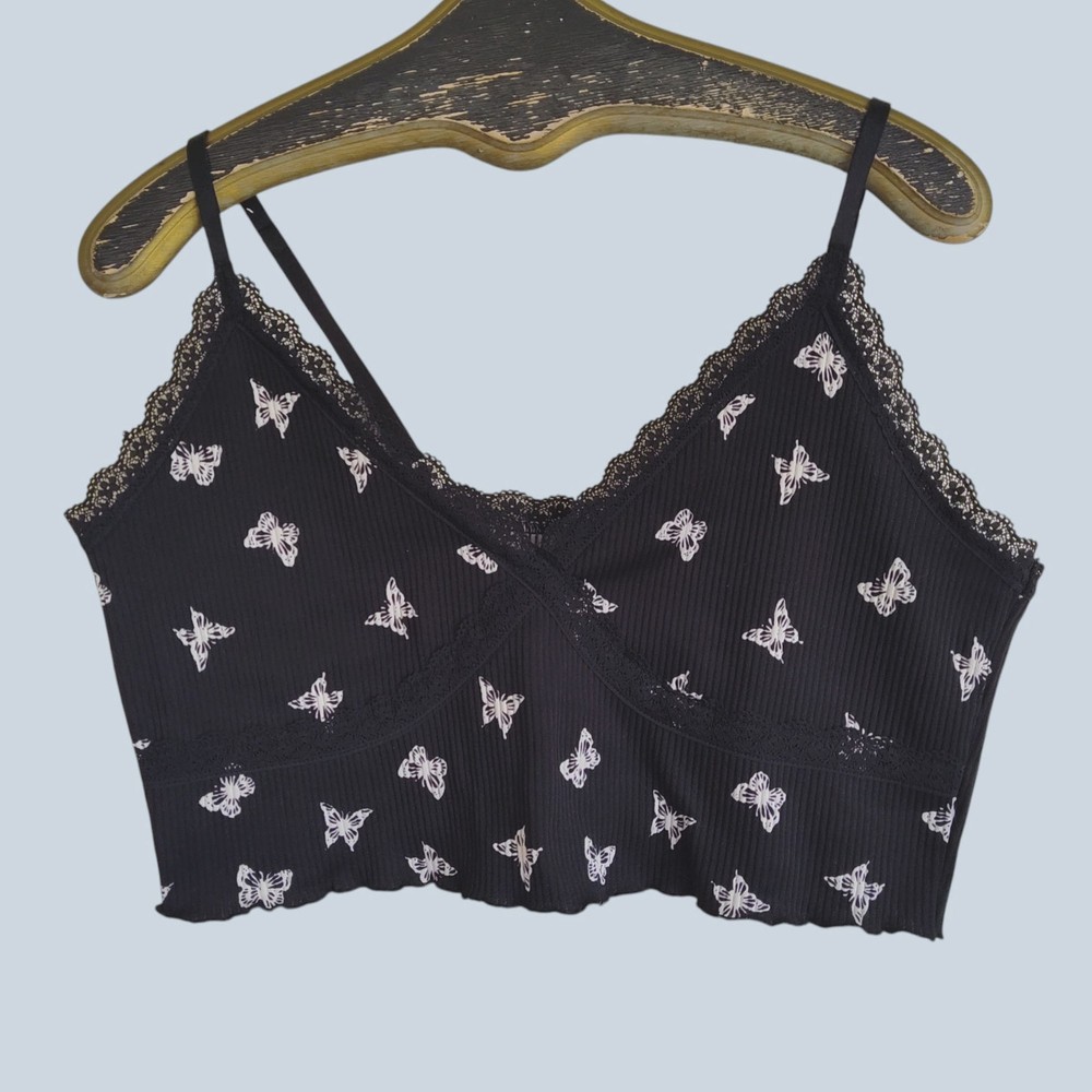 H&M Divided Butterfly Print Lace Trim Black Ribbed Stretch Cropped Camisole XL