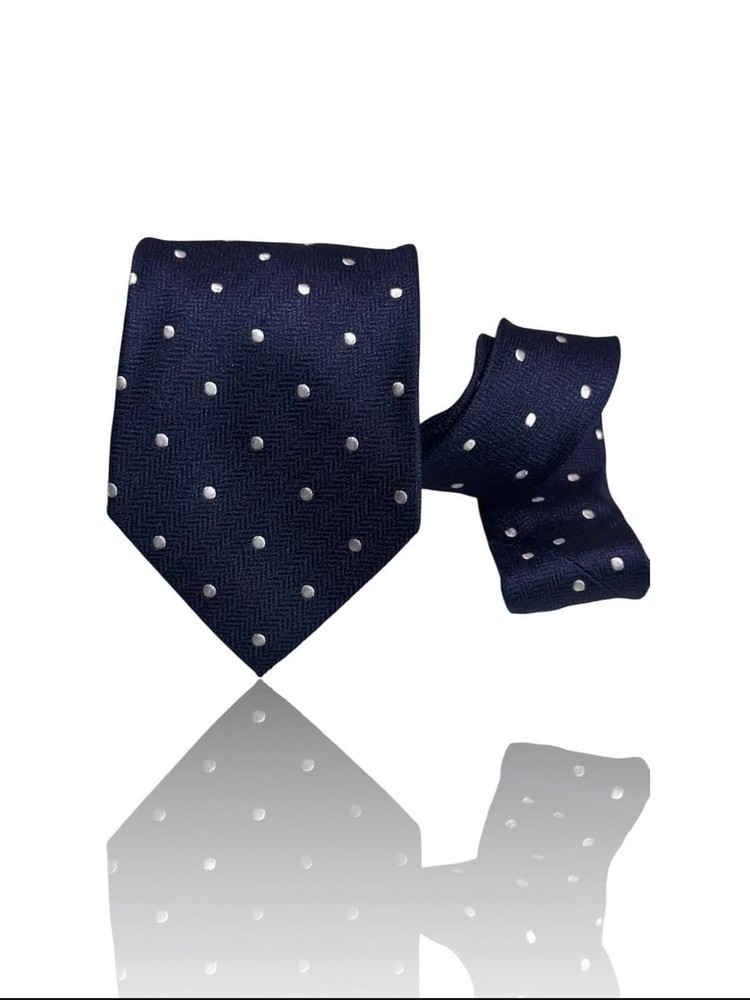 Navy Blue Herringbone Silk Tie with White Polka Dots - Formal Menswear