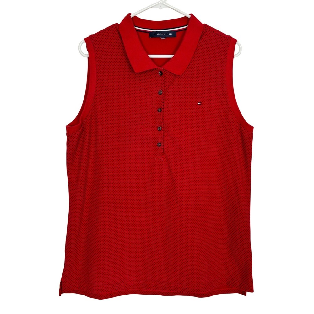 Tommy Hilfiger Sleeveless Polo Women XL Red Micro Dot Preppy Golf Sporty Top