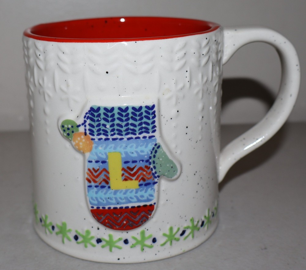 Anthropologie BUNDLED UP Monogram Letter “L” Mitten Coffee Mug Christmas
