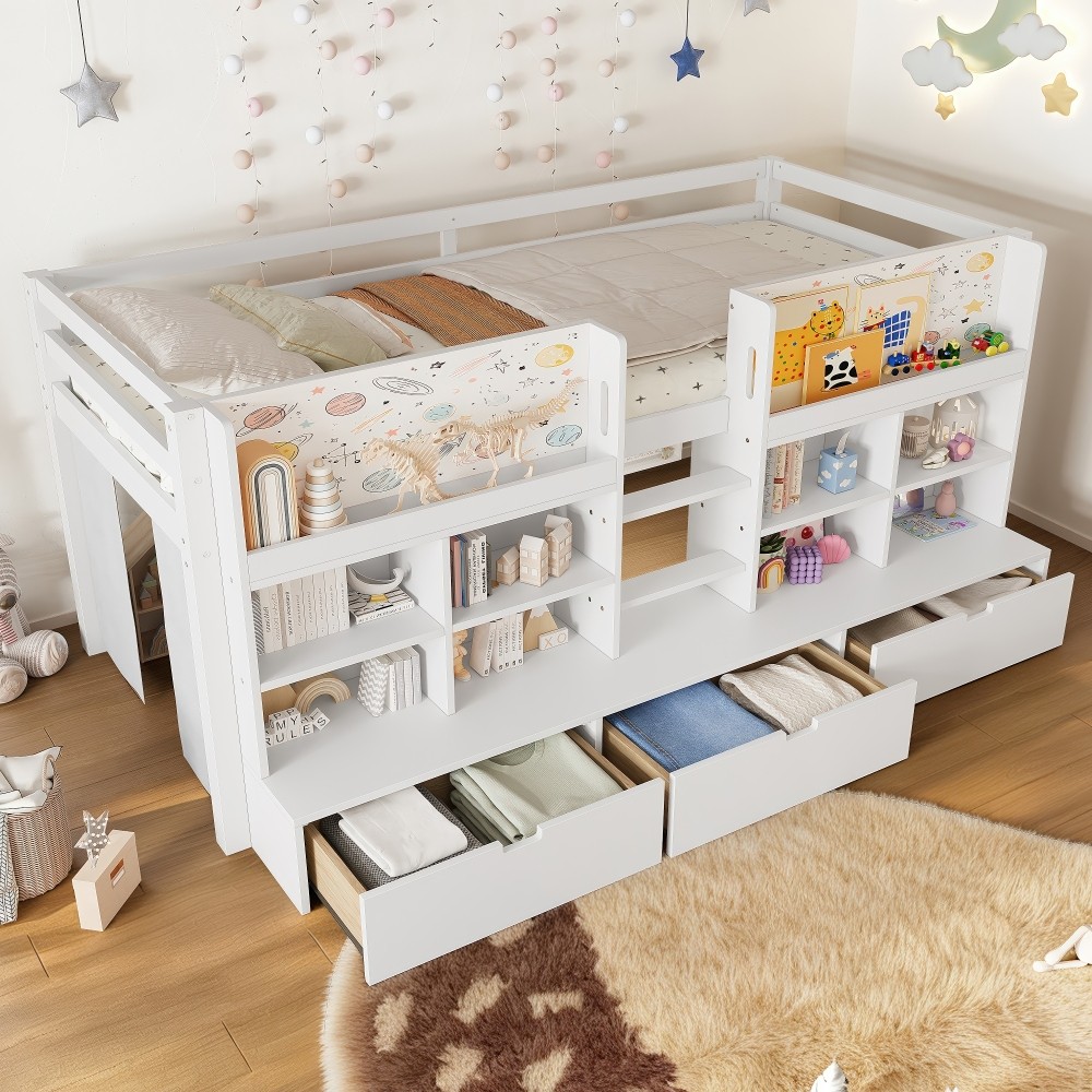 Twin/Twin XL Loft Bed with Multi-storage Shelves & Storage,Modern Low Loft Bed