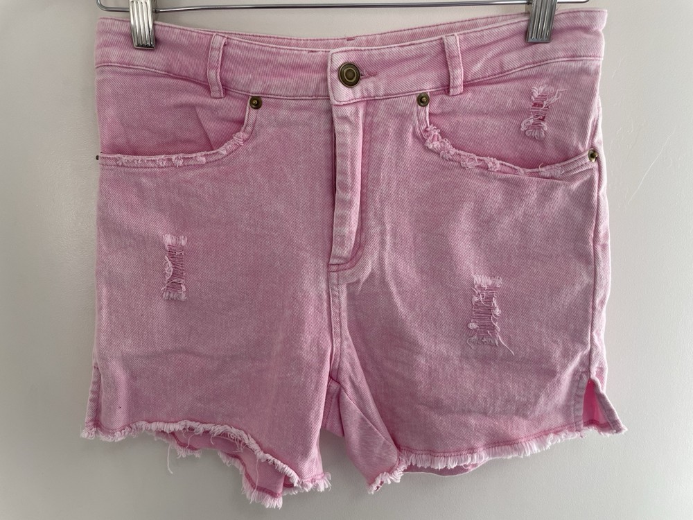 La Miel Womens Solid Pink Cotton Blend Distressed Cut-Off Stretch Denim Shorts S
