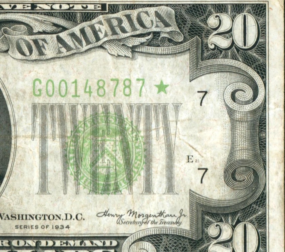 **STAR - 6 DIGIT** $20 1934 Federal Reserve Note ** PAPER CURRENCY AUCTIONS