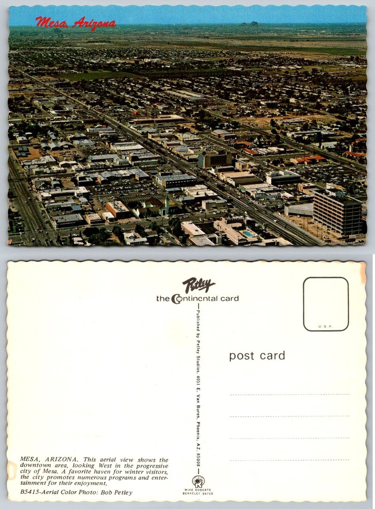 Mesa Arizona Aerial View Downtown Petley Chrome Postcard Bob Petley Photo
