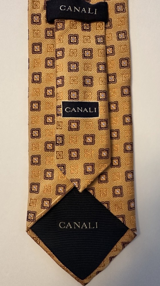 Canali 100% Silk Tie Made in Italy Gold Brown Geometric Medallion Pattern