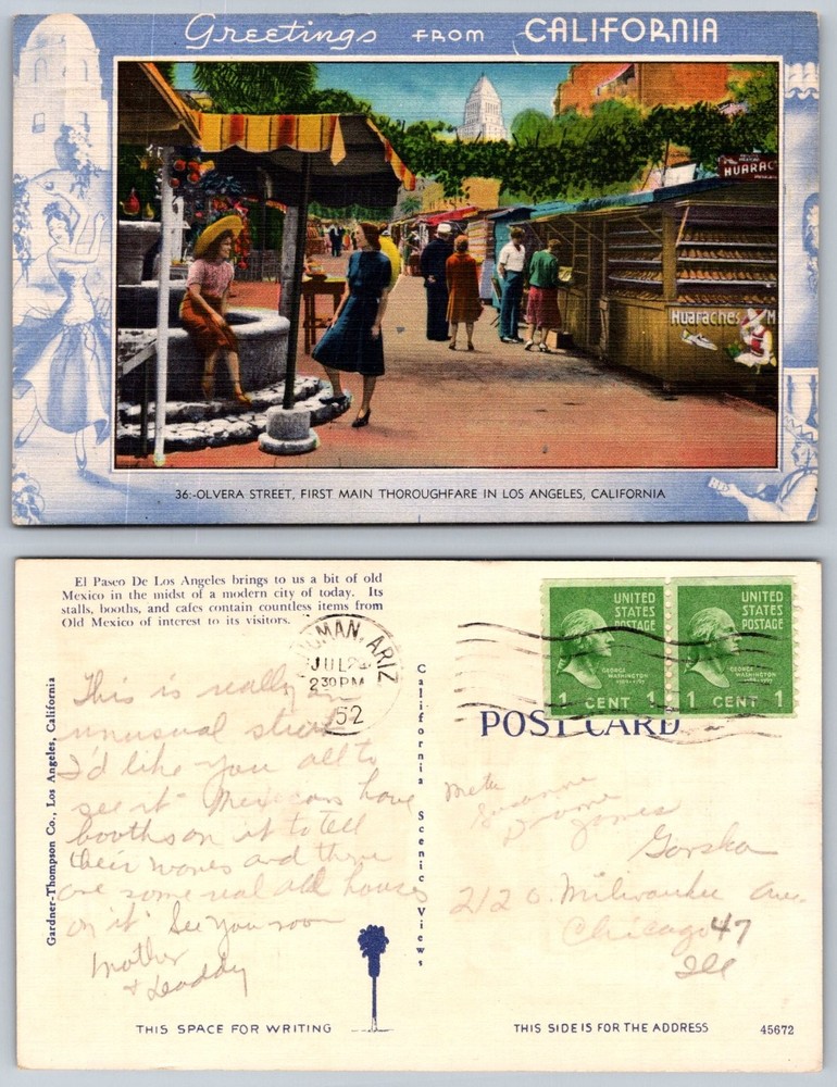Olvera Street Los Angeles CA Postcard 1952 Vintage Market Scene California