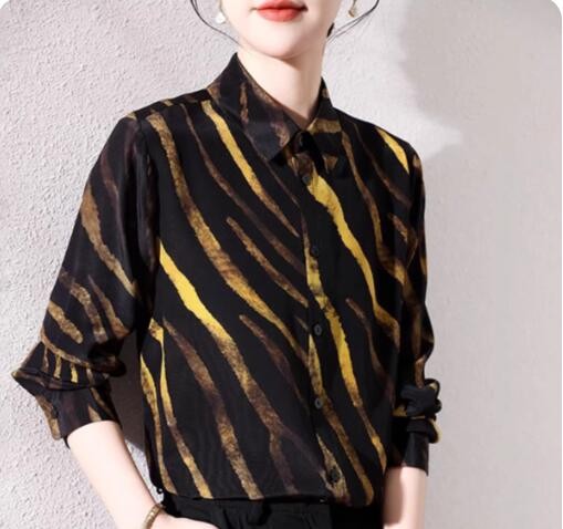 Fashion Women's Stripe Long-Sleeved Top Silk Retro Style Lapel Shirt Sping size