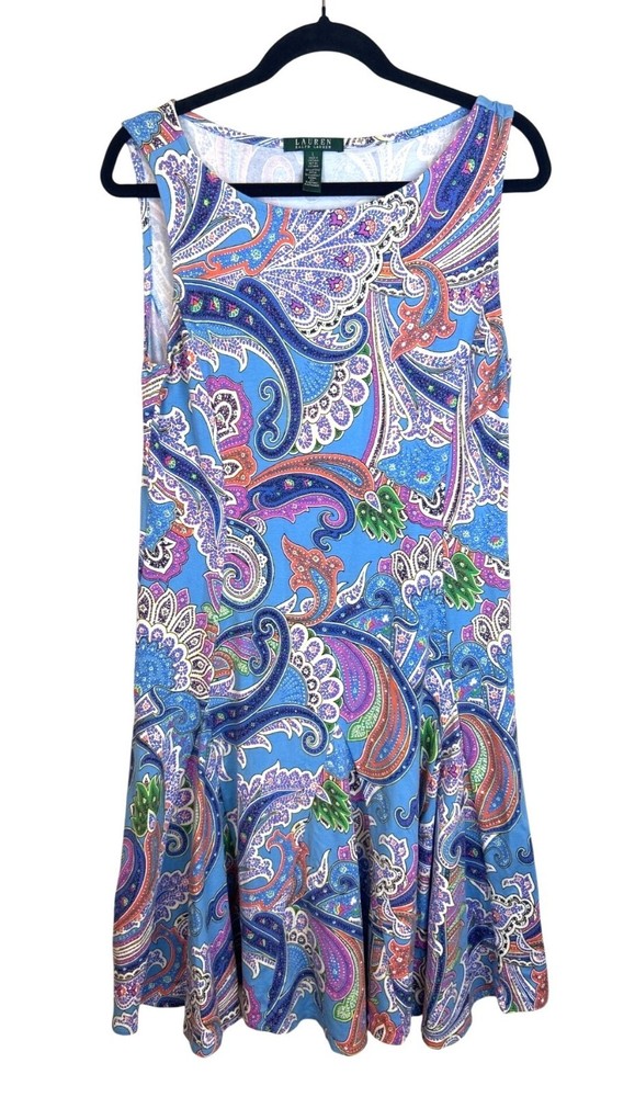 Lauren Ralph Lauren Midi Dress Women's L Flare Stretch Blue Paisley Sleeveless