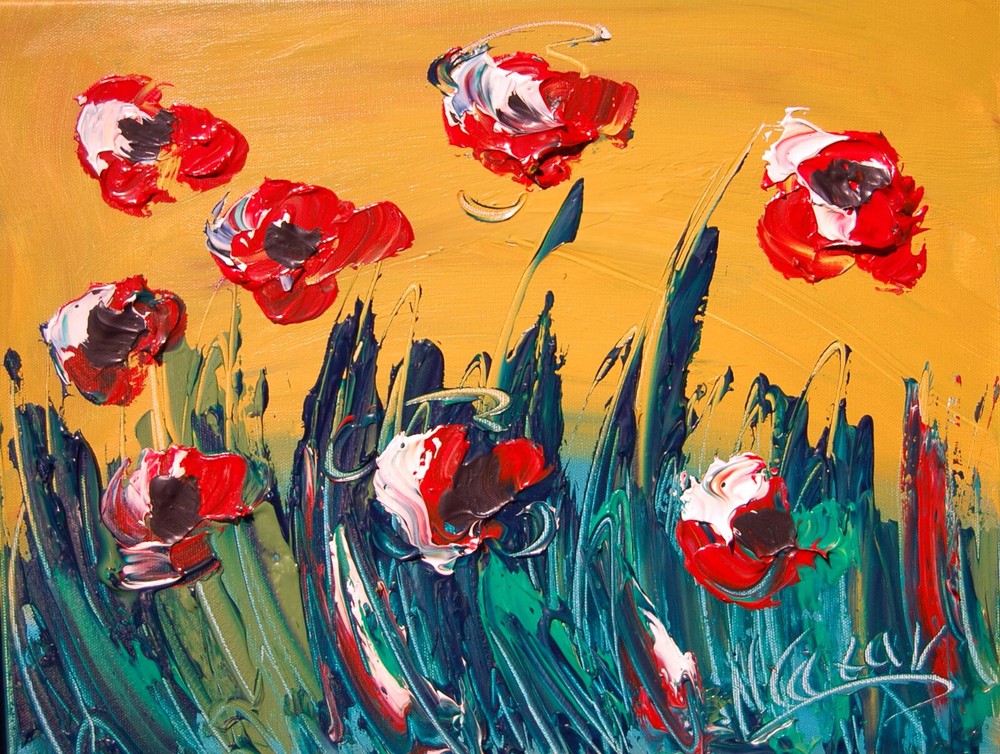 Flowers   Red Blue Yellow Landscape Painting Stretched Canvas Siy5y