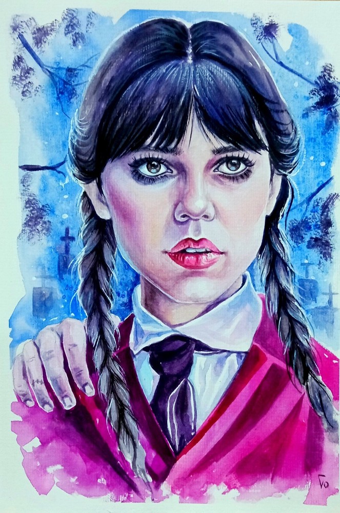 Wednesday Addams Jenna Ortega Fan Art – Watercolor Portrait, original Painting