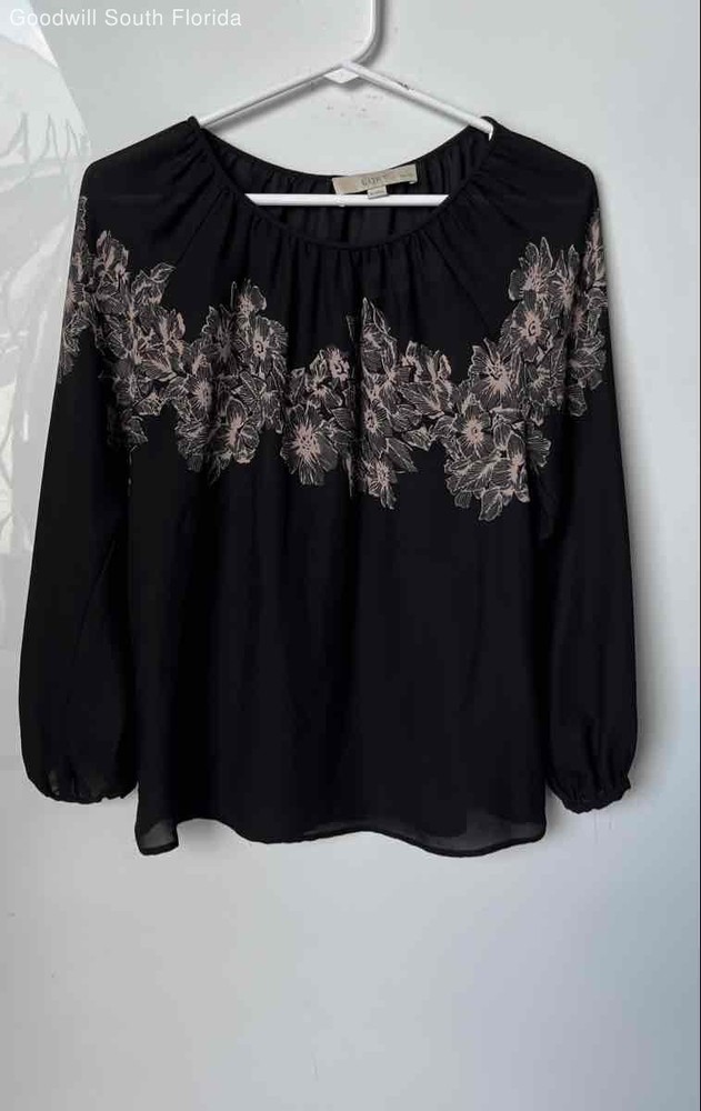 Loft Womens Black And Pink Floral Round Neck Long Sleeve Blouse Top Size SP