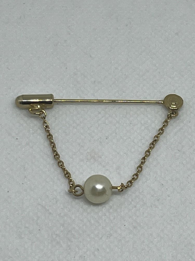 Vintage Goldtone Faux Pearl On Drop Chain Stick Pin Lapel Brooch