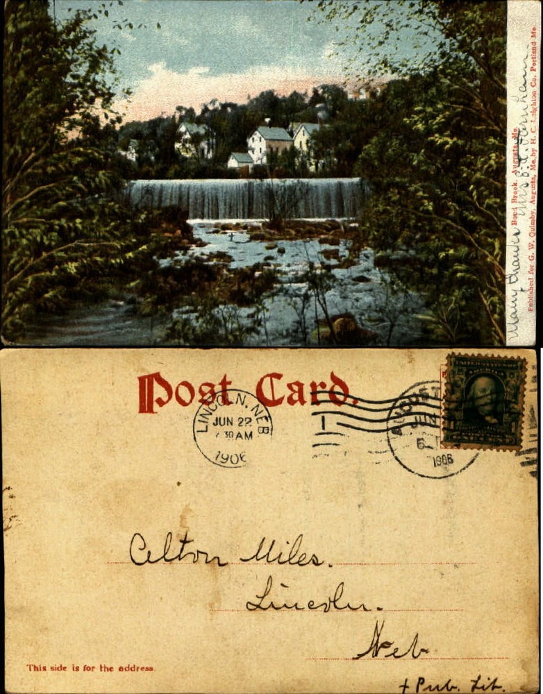 Bond Brook waterfall Augusta Maine ME UDB mailed LINCOLN NE 1906