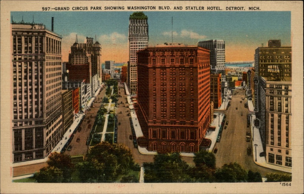 Michigan Detroit Grand Circus Park Washington Blvd aerial view ~ 1930s linen
