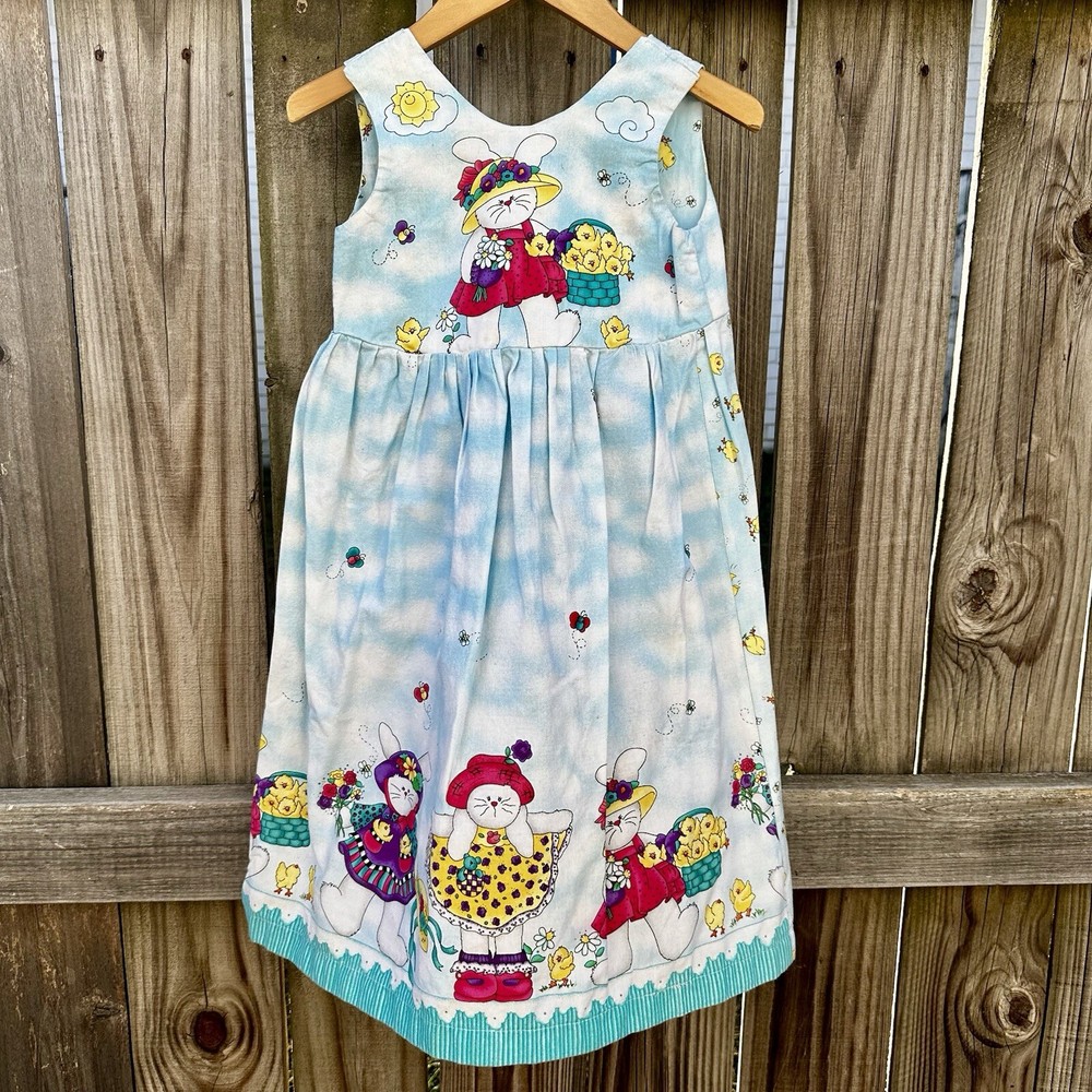 Handmade Girls Easter Spring Bunnies & Flowers Sleeveless Jumper Dress Sz 6-8