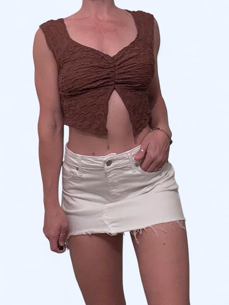 Brown Ruched Cropped Sleeveless V-Neck Lightweight Women's Tank Top