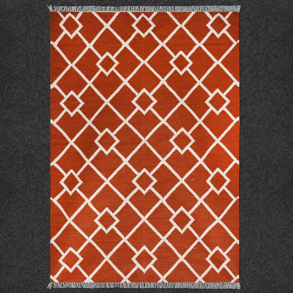 Hand Knotted Cotton/Wool Dhurrie Rug Color Red and White Handmade Carpet Rug