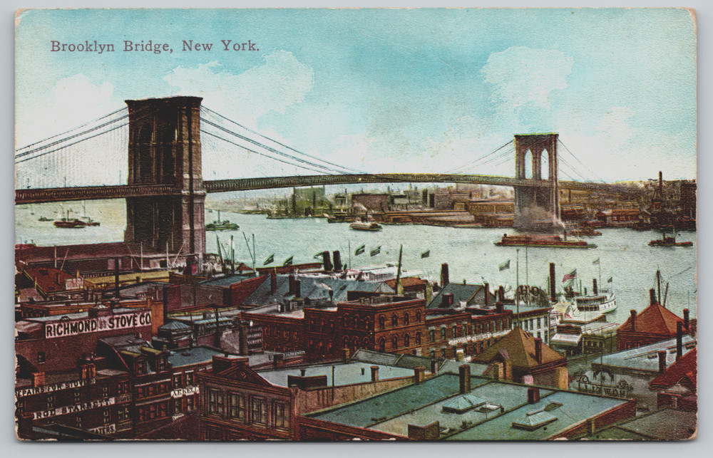 Postcard, Brooklyn Bridge, New York City, NY, Unposted, Richmond Stove Co. Ad