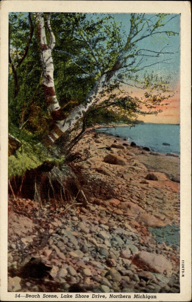 Michigan North Lake Shore Drive beach scene ~ 1930s linen postcard sku293