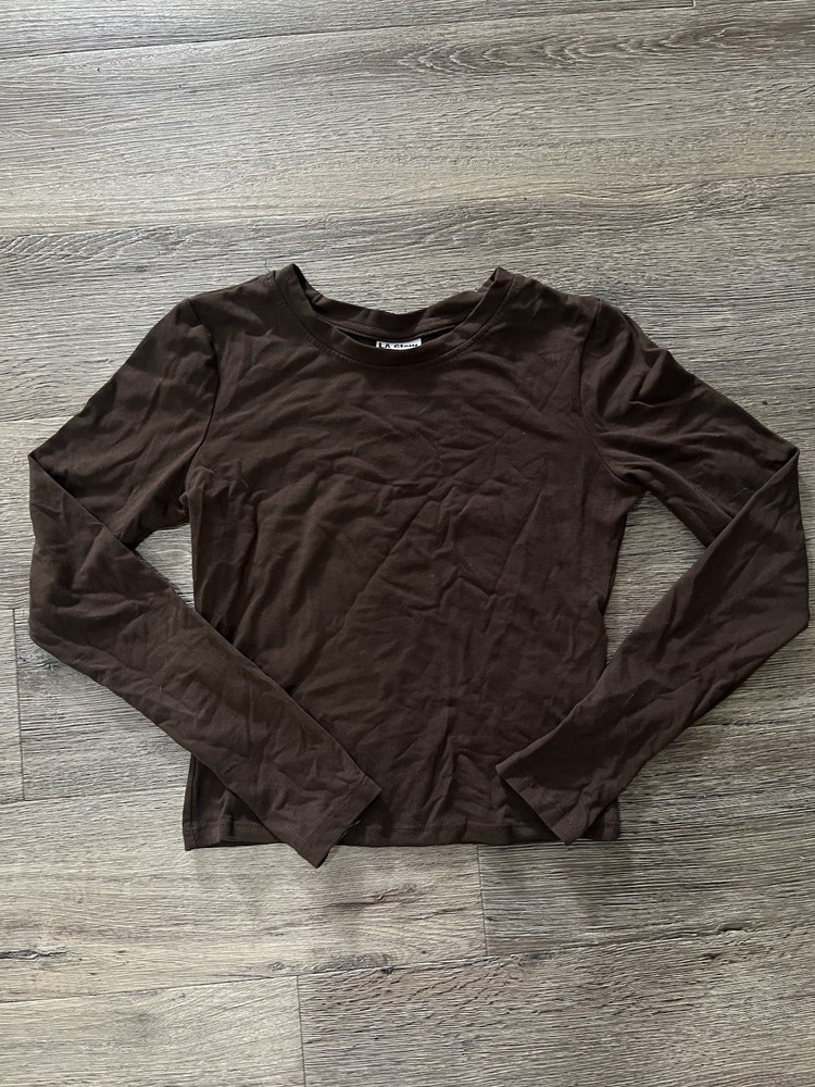 LA Glow Brown Cotton Jersey Crew Neck Long Sleeve Women's T-Shirt Size S