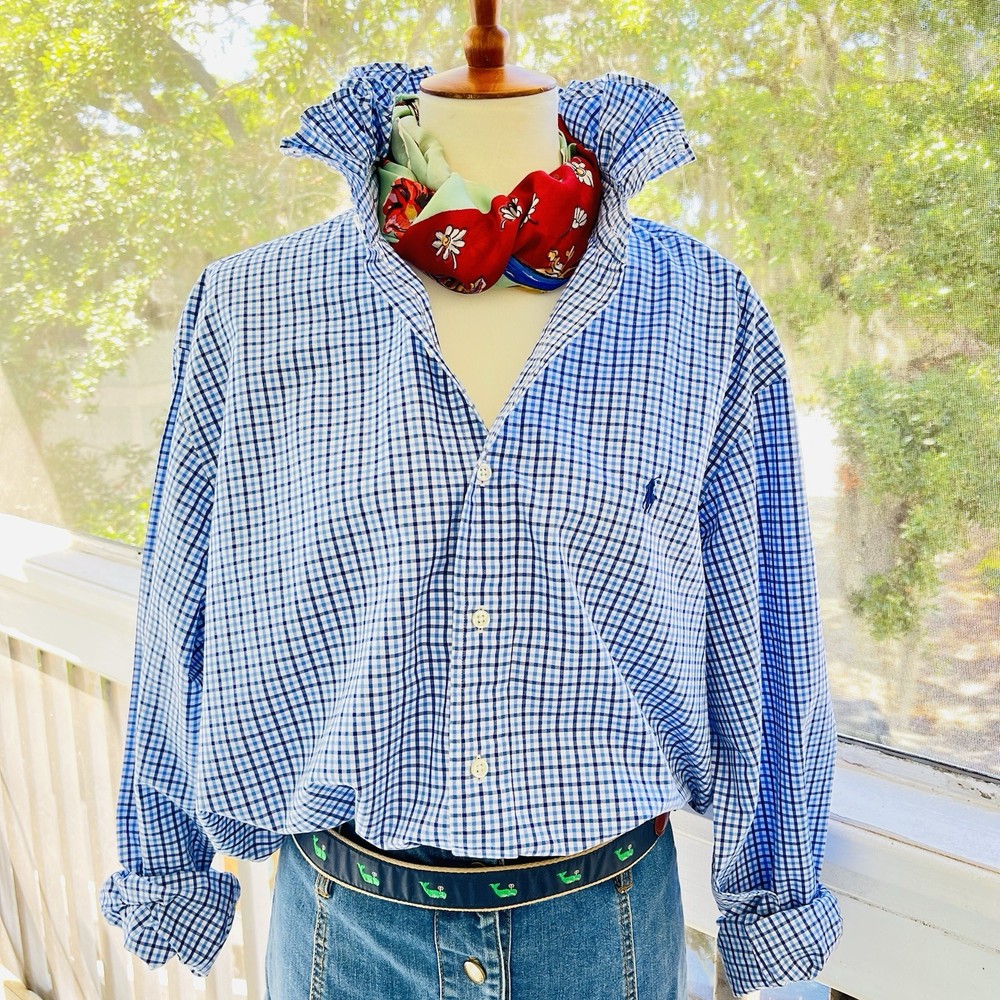 Upcycled Re-worked Polo Ralph Lauren Stanton Navy Plaid Ruffle Collar Shirt XXL
