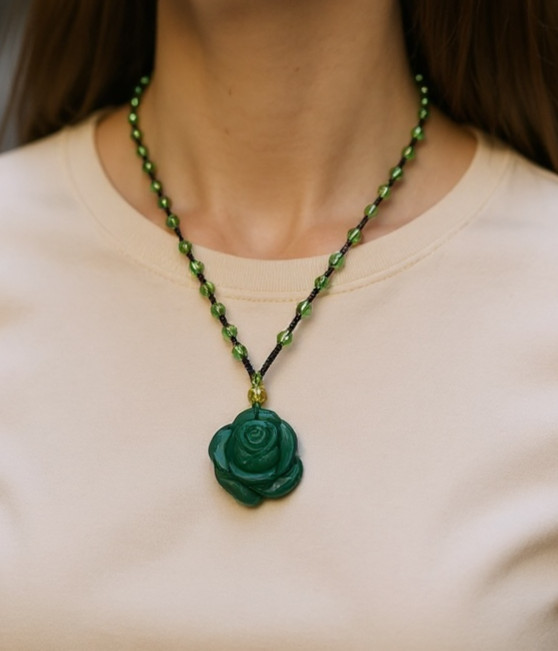 Vintage Chinese Green Carved Rose Pendant Necklace Glass Beads Asian Inspired