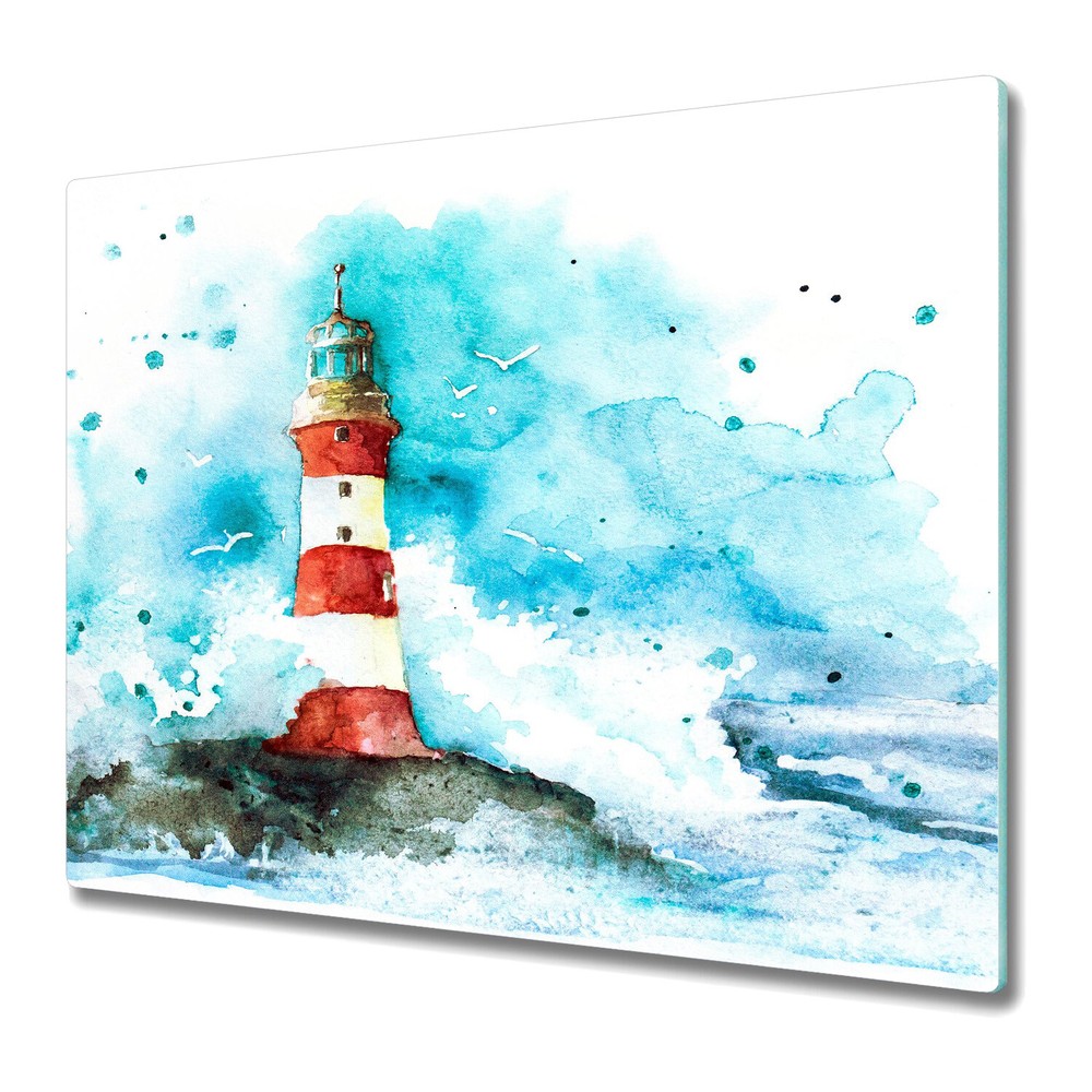 Glass Kitchen Chopping Board Worktop Saver Lighthouse Watercolour 60x52