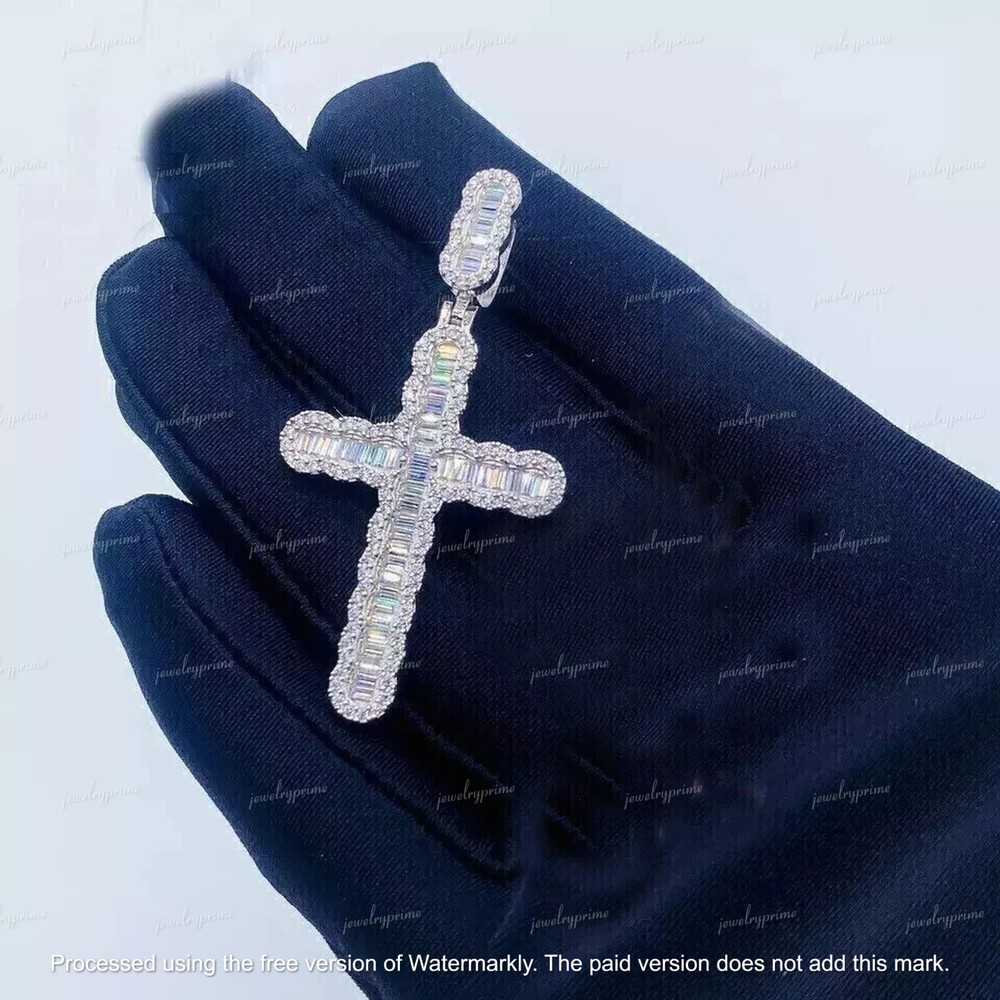 14K White Gold Plated 2Ct Baguette Lab Created Diamond Cross Pendant Gift